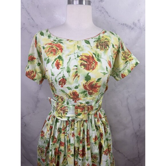 Vtg 1950s Full Skirt Day Dress tea M 50s Handmade Garden Floral MCM Party Flaw* - Picture 11 of 16